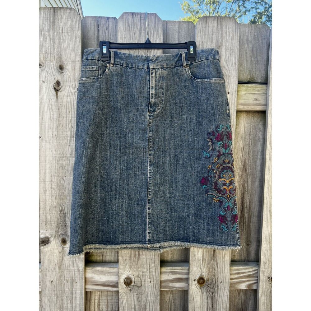 Kate Hill Denim Embroidered Midi Skirt Blue Women’s 16W Boho Y2K